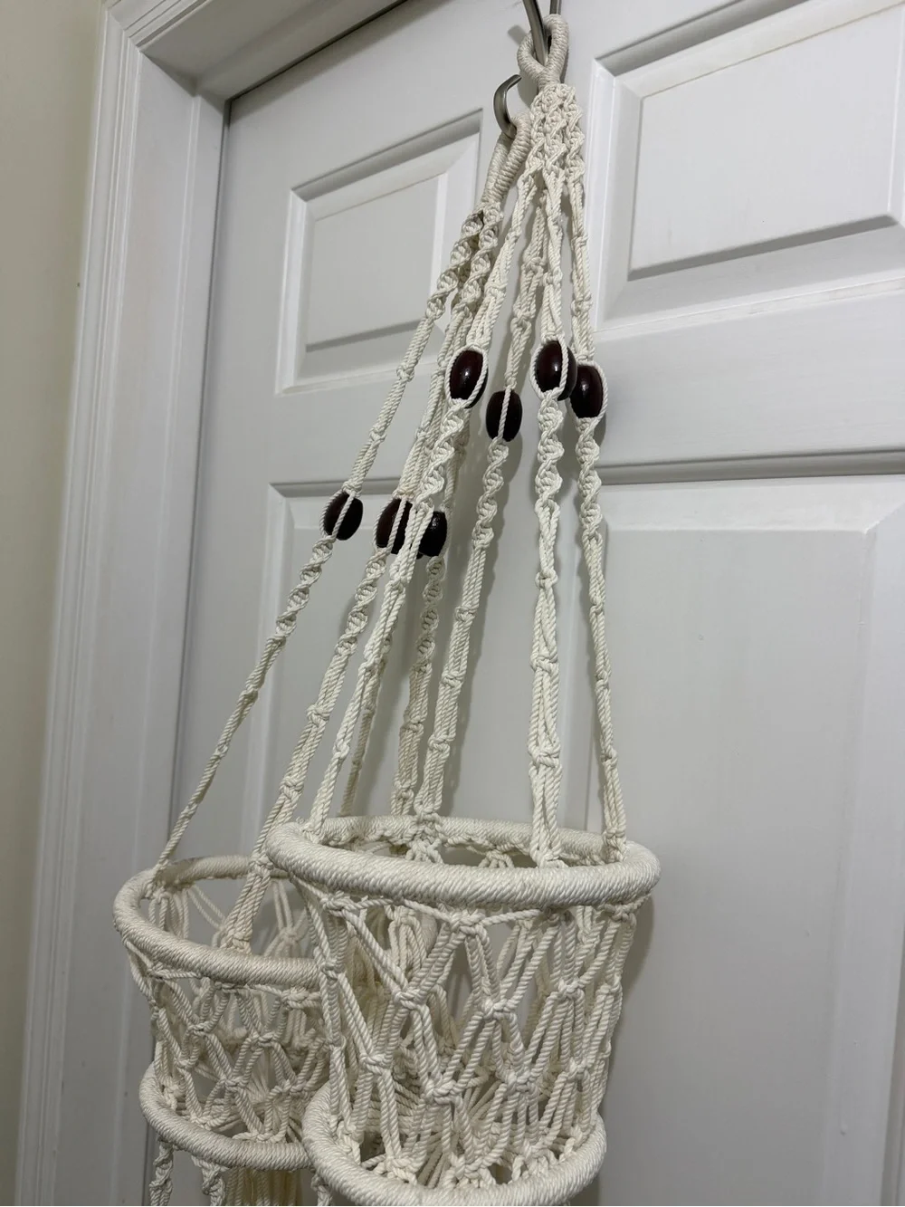 2 Vtg Macramé Hanging Planters 2 tier Pot Holders Cream Rope/Wood Beads, Tassels
